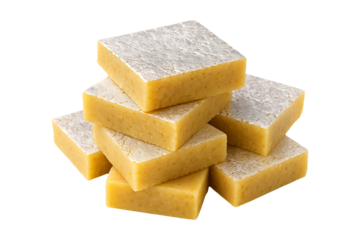 Delicious Indian Milk Based Confection Cut into Square Pieces Isolated on a Transparent Background