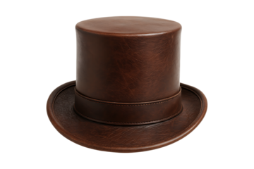 Vintage brown leather top hat with curved brim and stitched detailing Isolated on a Transparent Background