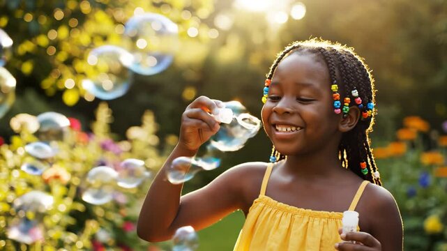 Young girl blowing bubbles in garden