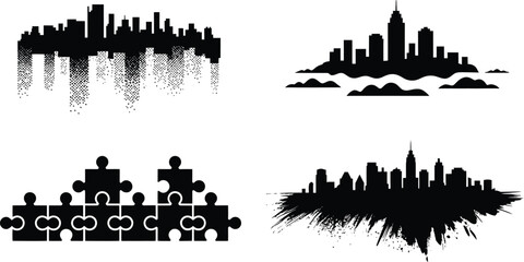 Obraz premium Grunge city silhouette collection in black and white vector design template
