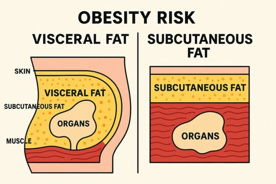 The image shows a comparison of visceral fat and subcutaneous fat, highlighting their locations in the body concerning organs and skin.