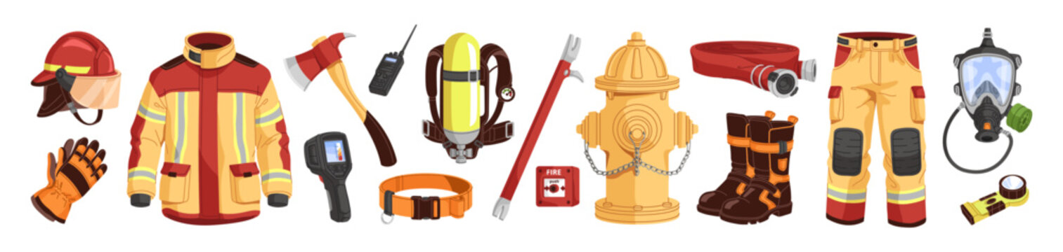 Set of fire extinguishing items. Firemen's tools and costume for firefighting. Extinguishers equipment to rescue: axe, hose, hook, hydrant. Flat isolated vector illustrations on white background