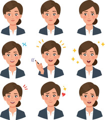 Pixel Art Woman Expressions Set Blue Blazer Isolated White Background