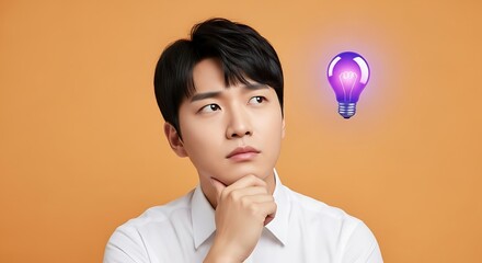 Young Asian Man Thinking With Light Bulb Idea Symbol Above Head.