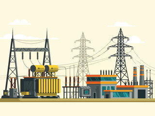Electrical substation with power plant buildings and transmission towers