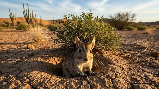 Kangaroo rat peeking alertly from desert burrow entrance in arid habitat.