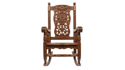 Traditional wooden rocking chair with intricate carving details viewed from front isolated on white background