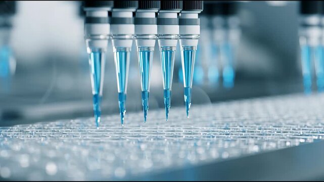 Close-up view of pipettes dispensing blue liquid into a microplate in a laboratory setting with a clinical mood.