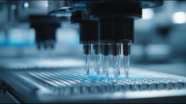 Close-up of automated pipettes dispensing liquid into a microplate in a laboratory setting with a cool blue tone.