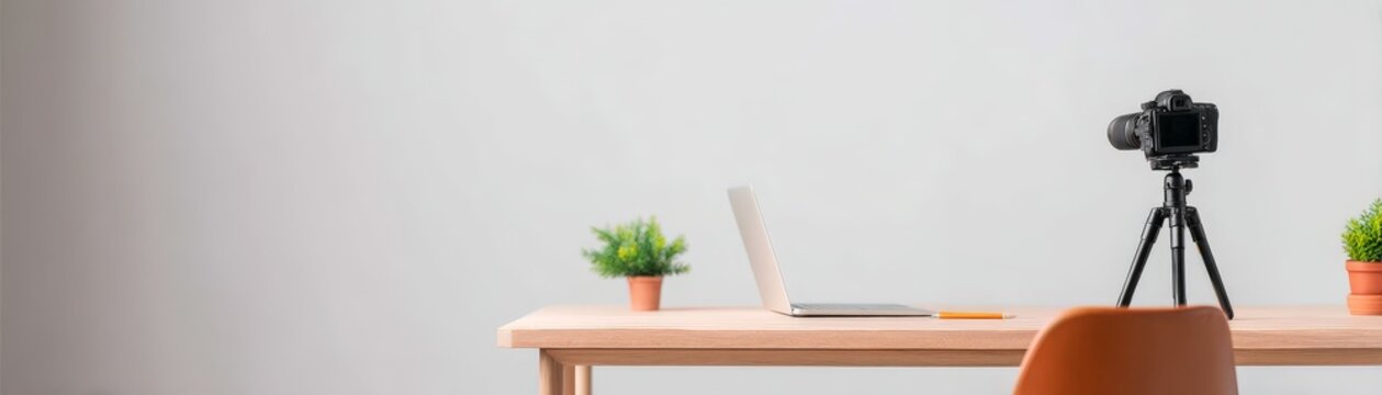 Video Marketing Trends and Strategy, Minimalist workspace with plants and camera setup.