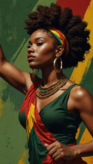 Powerful woman in Afrocentric dress against bold green and gold backdrop. Regal Afro‑inspired portrait beauty with natural curls and colorful sash in dramatic lighting.