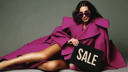 Fashion model reclining in oversized magenta coat holds sale board confidently against neutral background promoting luxury apparel discount and stylish seasonal shopping event