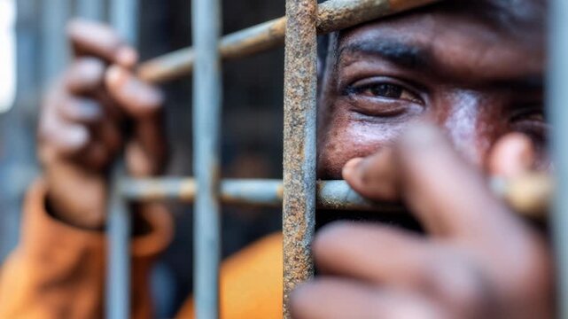Closeup of man gripping prison bars while smiling sadly capturing complex mix of hope resilience and confinement for powerful social justice and human rights themes