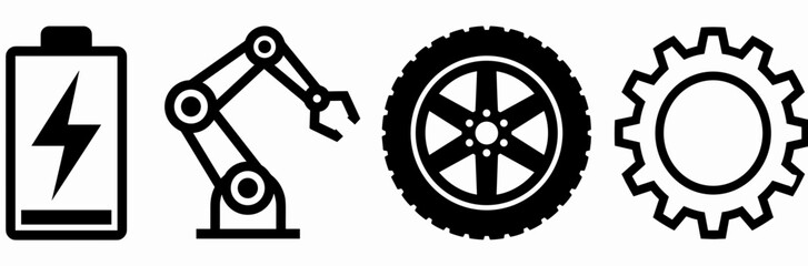 Battery, Robotic Arm, Wheel, and Gear Industrial Icons Conveying Automation and Energy
