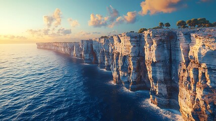 Dramatic coastal cliffs and ocean at golden hour with vibrant sky and clouds