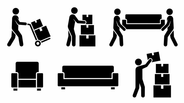 Moving Service Icons Set Depicting Boxes, Furniture, and Transporting Items