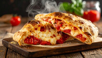 Delicious steaming calzones filled with melted cheese and tomato sauce served on a rustic wooden board, perfect for a pizza lover's delight