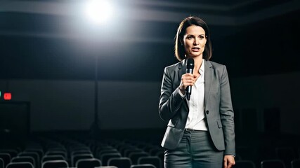 Caucasian woman delivering speech on stage with microphone and empty seats for business conference or public speaking event