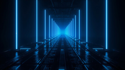 a futuristic dark room with blue neon lights on metallic floor and walls