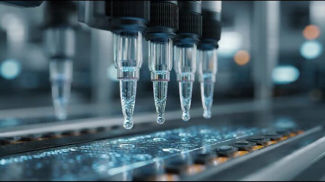 Close-up of laboratory pipettes dispensing liquid samples into a microplate in a modern lab with cool blue tones.