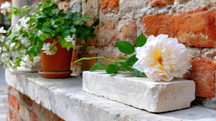 Stone memorial plaque with white rose on brick wall commemoration