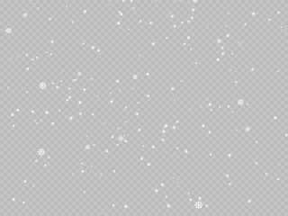 Snow falling effect, realistic white snowflakes on transparent background, winter weather precipitation, blizzard or snowfall texture for design projects, vector, illustration