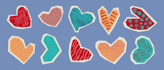 A set of assorted textured paper hearts cut out on a blue background, a collage for a Valentine's Day greeting card.