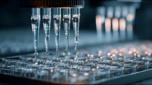Close-up of automated liquid handling system dispensing samples into microplates in a laboratory setting with a dark background and blue tones.