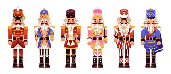 Plakat Christmas nutcrackers set. Xmas children's toys. Designs of wooden figurines of winter holidays' character. New Year's soldiers with mustaches. Flat isolated vector illustrations on white background