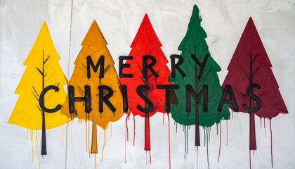 Graffiti-style “MERRY CHRISTMAS” text over six dripping colorful trees on light wall, bold festive layout.
