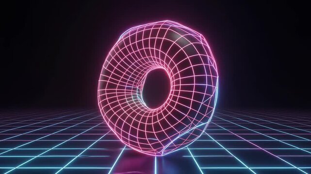 A glowing pink wireframe torus shape on a blue grid floor in a dark retro-futuristic digital space.