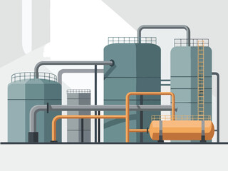 Illustration of industrial storage tanks piping and a horizontal vessel