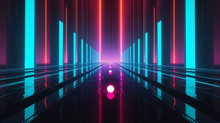 neonlit futuristic corridor with glowing blue and pink lights