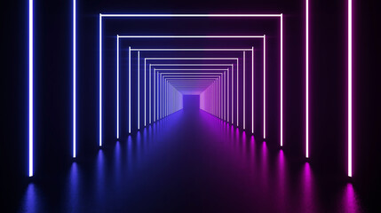 neonlit corridor with purple and blue lights leading to a distant opening