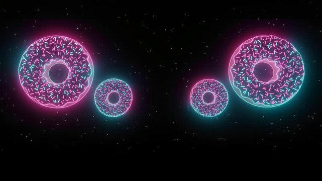 Glowing neon donuts floating in a dark galaxy.