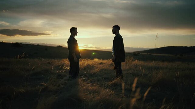 Deux hommes face &agrave; face au coucher du soleil