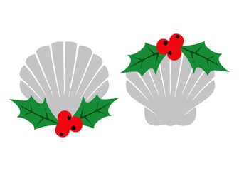 Logo con silueta de concha marina con hojas y bayas de acebo para tarjetas y felicitaciones de Navidad