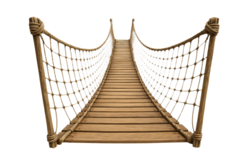 Adventure Rope Bridge Featuring Rustic Timber Steps and Railed Ropes Isolated on a Transparent Background