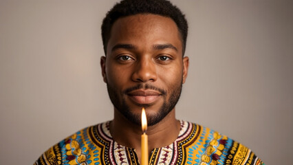 Young man holding lit candle for Kwanzaa celebration. He wears traditional African attire, embodying spirit of Kwanzaa celebration. Image ideal for cultural awareness, holiday greetings.
