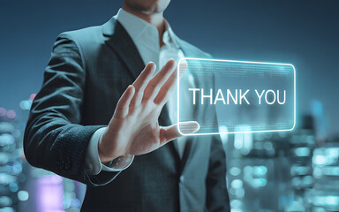 A businessman expressing gratitude with a futuristic digital thank you card