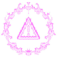 Abstract pink triangle symbol surrounded by a fluid flame ring, featuring symmetrical liquid motion and glowing energy. 