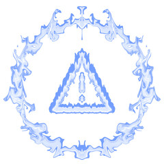 Abstract blue triangle warning symbol surrounded by a fluid energy ring, featuring symmetrical liquid motion 