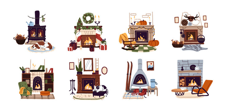 Fireplaces set. Decorated for Christmas and autumn living room with fireside. Cozy interior with burning fire. Home flame with decorations. Flat isolated vector illustrations on white background