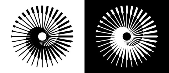 Spiral with radial bars forming a dynamic circular pattern. Optical illusion evokes motion, symmetry, and musical or geometric symbolism. Black and white themes.