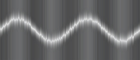 A dynamic abstract wave design with vertical lines. The sinusoidal curve modulates brightness and creates an optical illusion of motion and depth. Ideal for tech, science, and design themes.