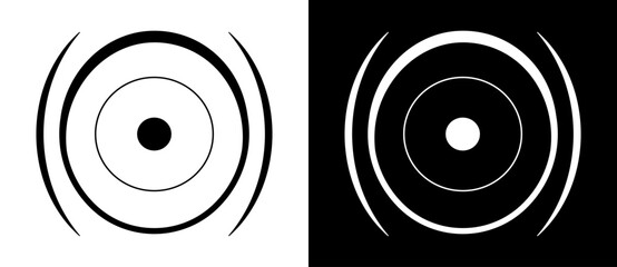 Abstract concentric circles with central dot and curved arcs. Geometric black and white design ideal for logo, icon, background, or visual concept in tech and art themes.