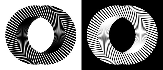 Symmetrical torus-like shapes with radial lines. Ideal for optical illusion, tech, and abstract design, logo, icon. A black figure on a white background and an equally white figure on the black side.