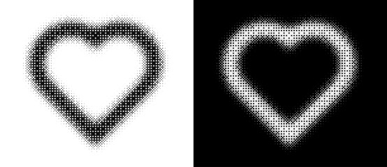 Halftone heart design with dots gradients. Symmetrical, ideal for love themes, art and abstract visuals, icon, logo. A black figure on a white background and an equally white figure on the black side.