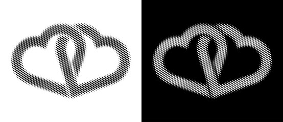 Two interlocking hearts formed by halftone dots with ribbon accent. Abstract romantic design ideal for logo, icon, background, emotion, love, or graphic themes.