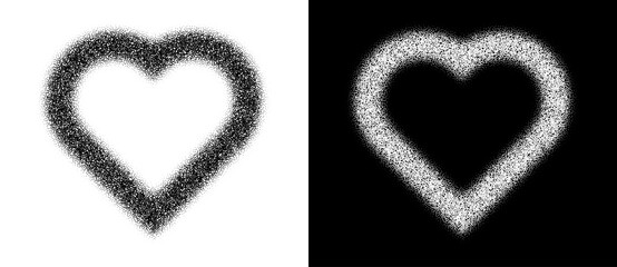 Halftone heart design with dots gradients. Symmetrical, ideal for love themes, art and abstract visuals, icon, logo. A black figure on a white background and an equally white figure on the black side.